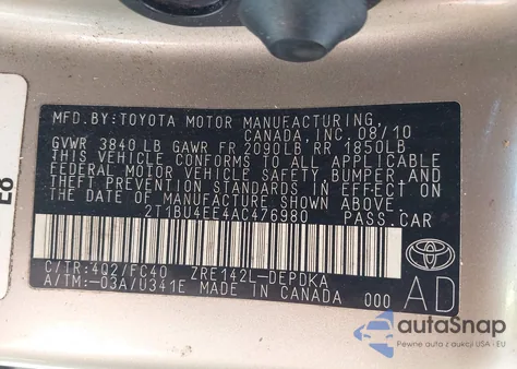 2010 Toyota Corolla Le из США, поврежденный, VIN 2T1BU4EE4AC476980